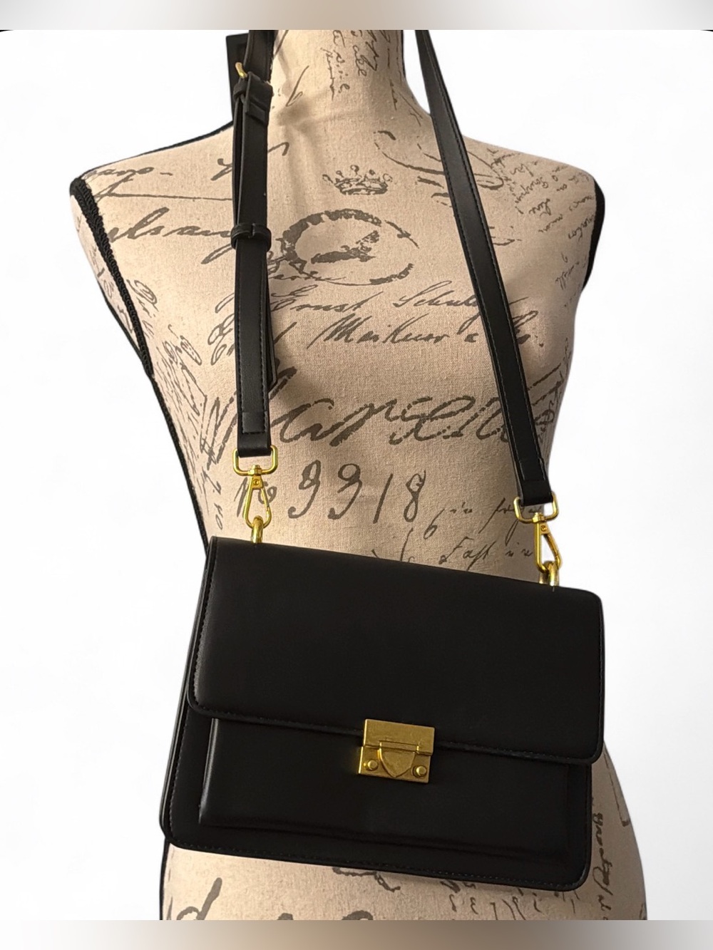 Classic Black faux leather Crossbody Bag with Gold Hardware